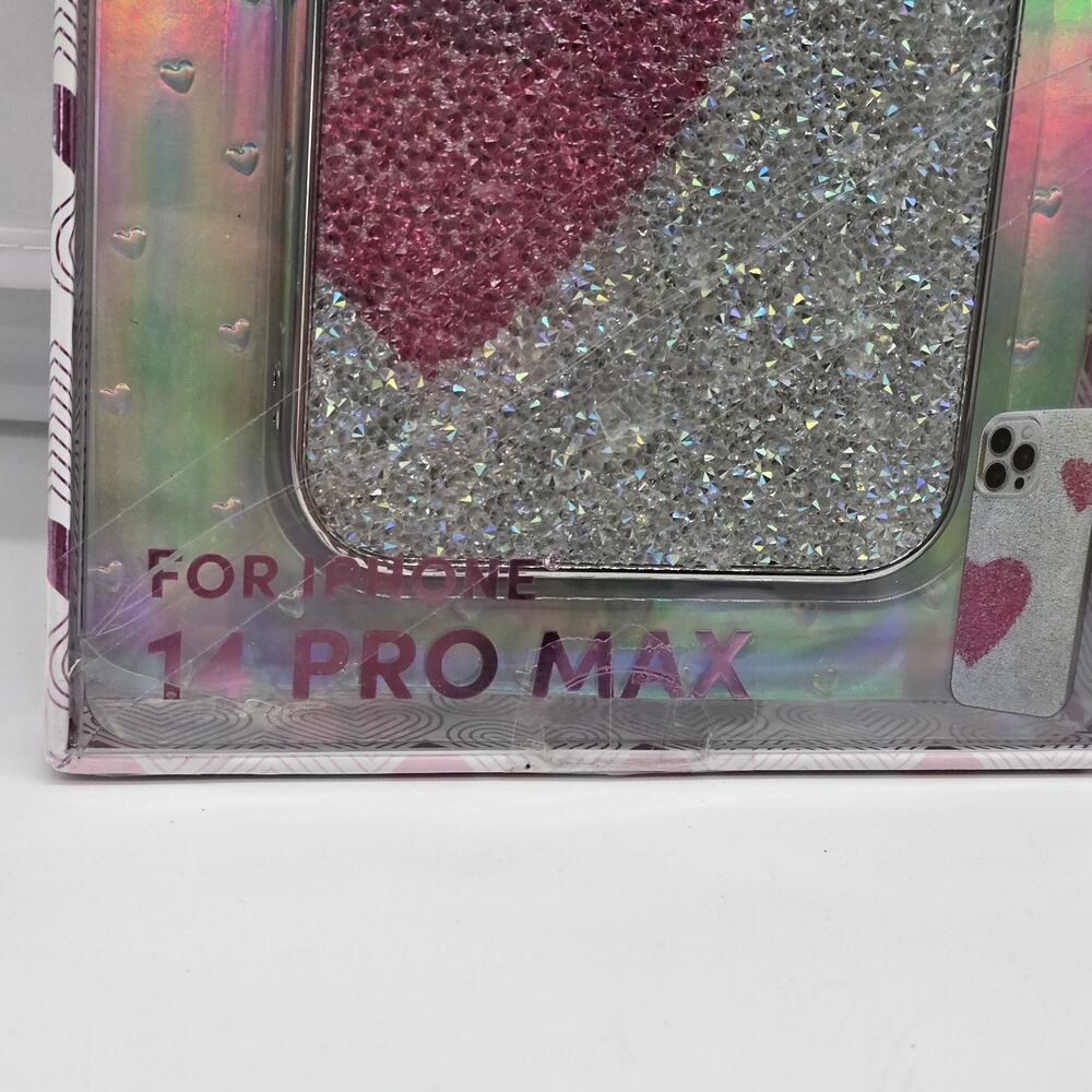 Glitter Pink Silver Hearts iPhone 14 Pro Max Rhinestone Coquette Princess NeW - Picture 3 of 6